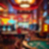 A vibrant casino floor with various gaming tables and slots