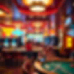 A vibrant casino floor with various gaming tables and slots