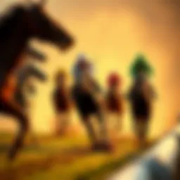 A vibrant horse racing scene capturing the excitement of a live race