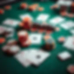 An intricate layout of poker chips and cards on a green felt table