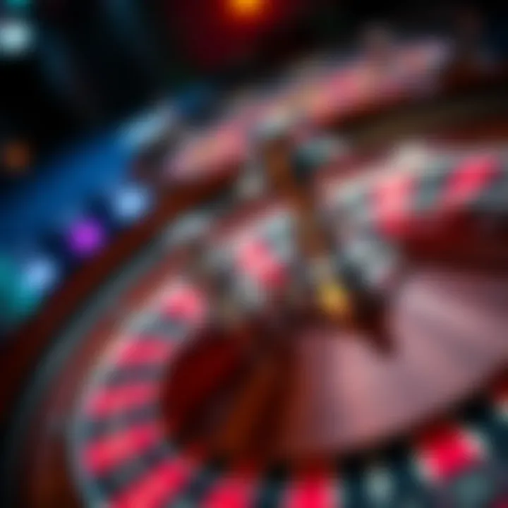 A close-up view of a roulette wheel with vibrant colors and strategically placed bets