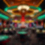 An elegant view of a luxurious casino interior showcasing gaming tables and vibrant decor